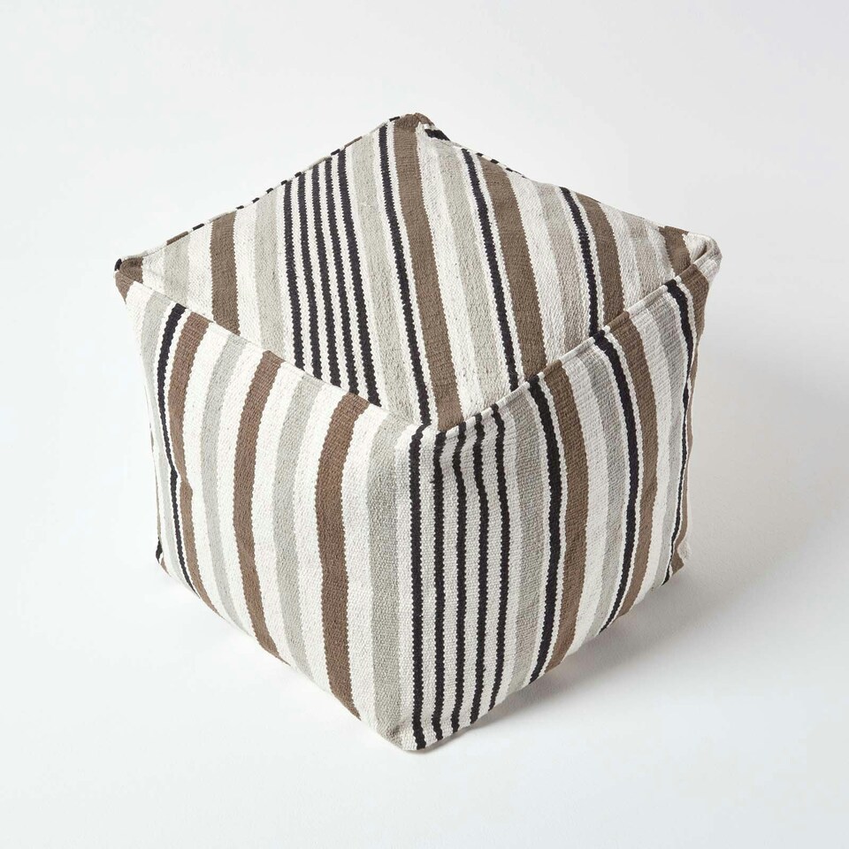 image 1 of Homescapes Grey, Black and White Stripe Cube Square Footstool - 40 x 40 x 40 cm