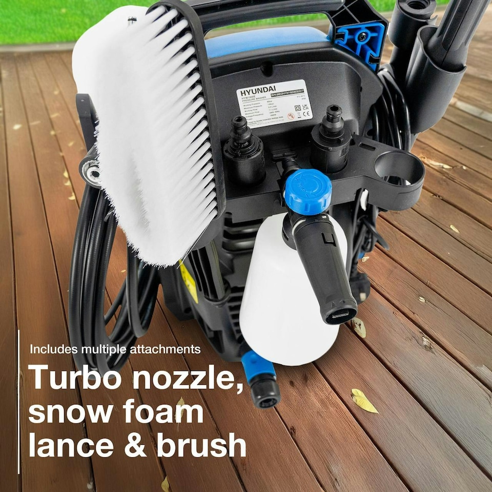 image 1 of Hyundai 135Bar / 1740psi Electric Pressure Washer, 7.1L/min, 1600W Powerful Motor with Hose & Attachments | HYW1600E