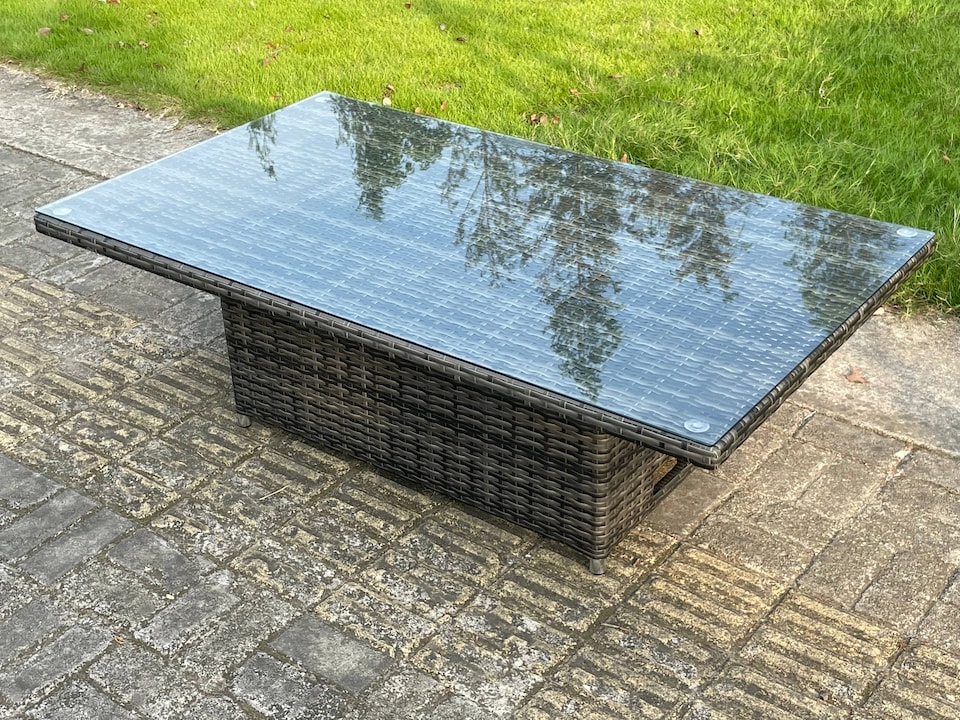 image 1 of Fimous 7 Seater Outdoor Rattan High Back Adjustable Rising Lifting Dining Table Corner Sofa Set Garden Furniture Dark Grey Mixed Right Hand