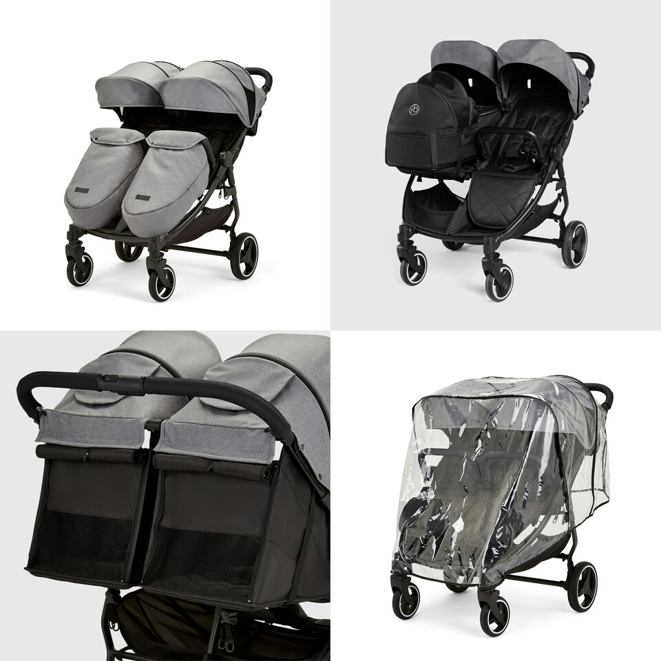 image 1 of Venus Prime Double Stroller - Birth to 15kgs (Approx. 3 Years), Lightweight, One Hand Fold, Newborn Cocoon, 2 Quilted Footwarmers & Rain Cover (Space Grey)