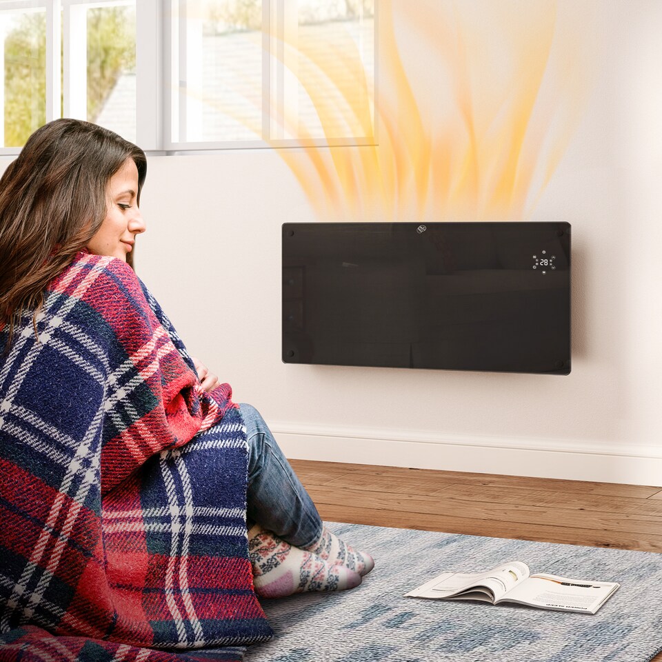 image 1 of HOMCOM Electric Heater Wifi Smart App, 2000W Glass Panel Heater Radiator, Freestanding or Wall Mounted Convector Space Heater with LED Display, 24Hr 7 Day Timer, Adjustable Thermostat, Remote Control