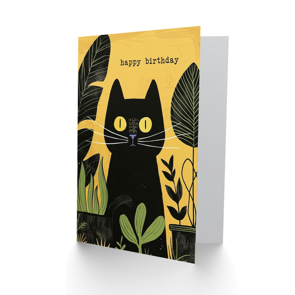 image 1 of Plant Lover Cute Black Cat Pet Botanical Yellow Arty All Occasion Birthday Card