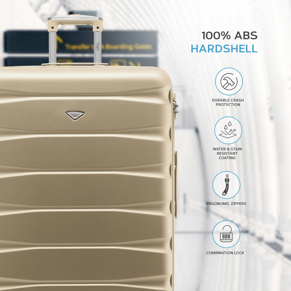 image 1 of Flight Knight Set of 3 Lightweight 4 Wheel ABS Hard Case Suitcases Cabin & Hold Luggage, 100+ Airlines Approved - easyJet, British Airways, Ryanair, Jet2 Cream | Champagne