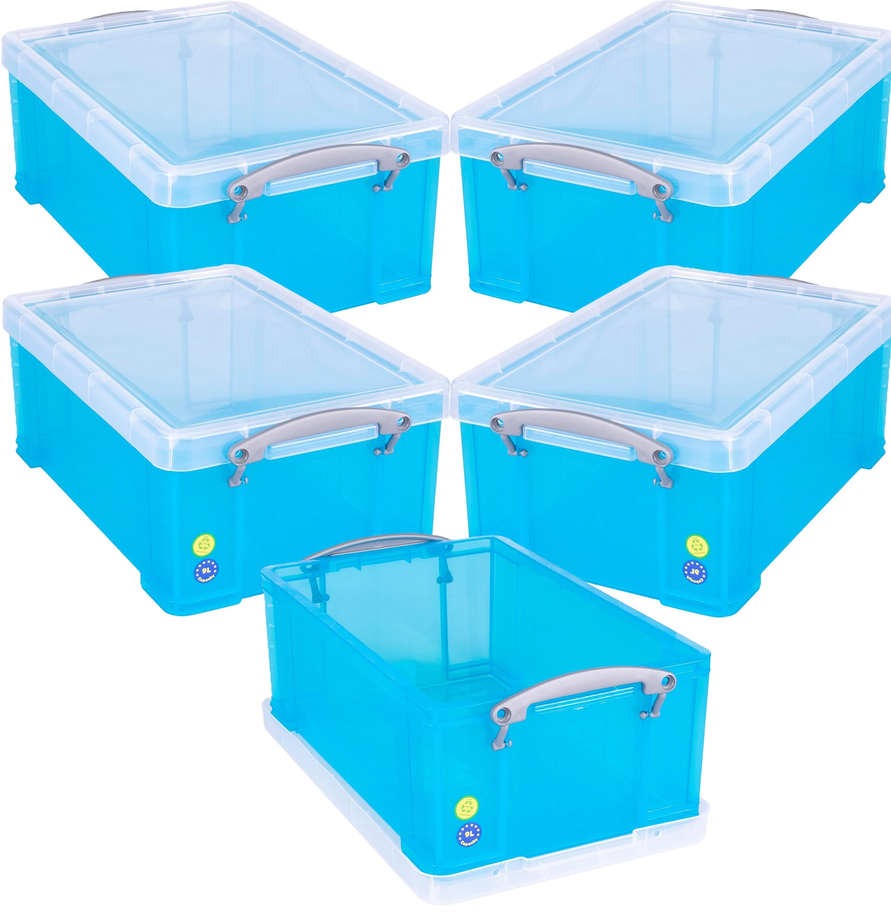Really Useful Plastic Storage Box 9 Litre Transparent Blue Pack of 5