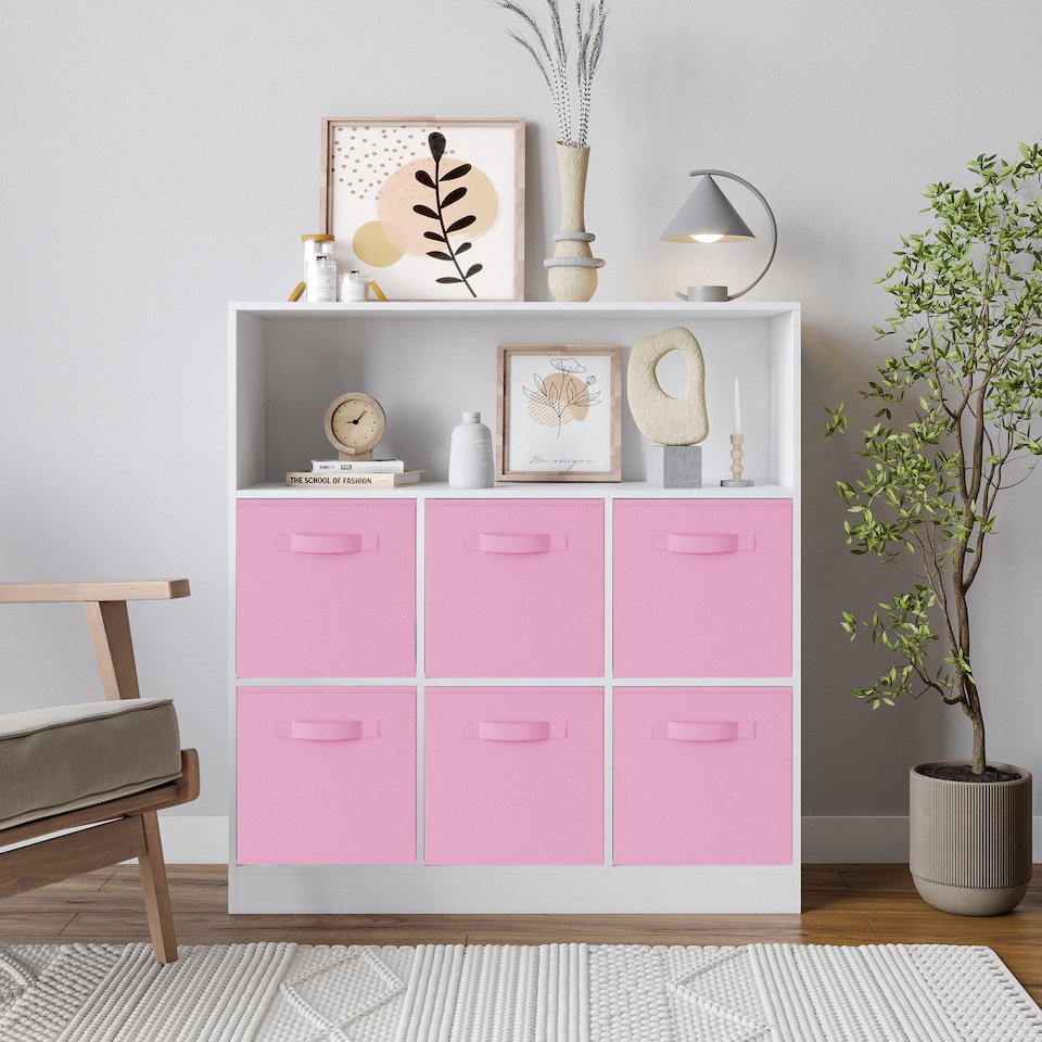 image 1 of Wide 7-Cube Bookcase With Drawers | White | White & Light Pink | 1
