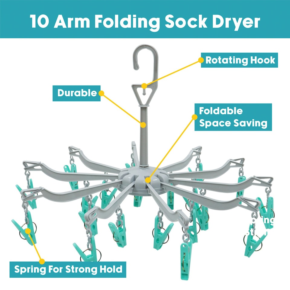 image 1 of JVL 10 Arm Folding Sock Dryer Complete with 20-Piece Pegs - One Size