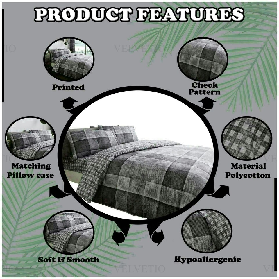 image 1 of VELVETIO Denim Check Printed Duvet Cover Set Reversible Polycotton Beddings Grey | King