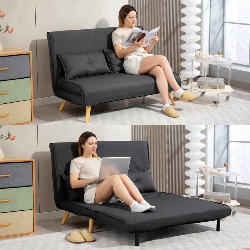 image 1 of HOMCOM 2 Seater Sofa Bed, Click Clack Convertible Bed Settee with Adjustable Backrest, Modern Linen Feel Fabric Recliner Sofa Couch with Pillows for Living Room, Bedroom, Guest Room, Charcoal Grey