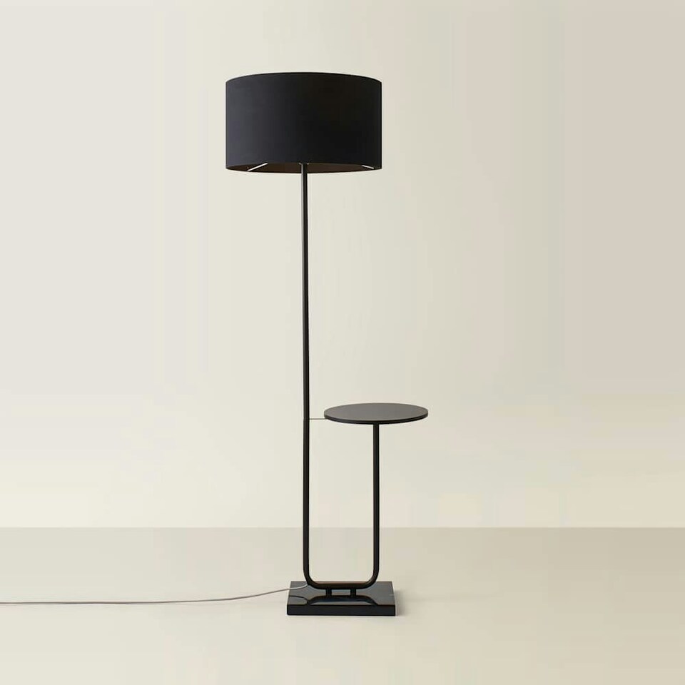 image 1 of ValueLights Large Matt Black Curved Stem Marble Floor Lamp Coffee Table Light - Black Shade + LED Bulb