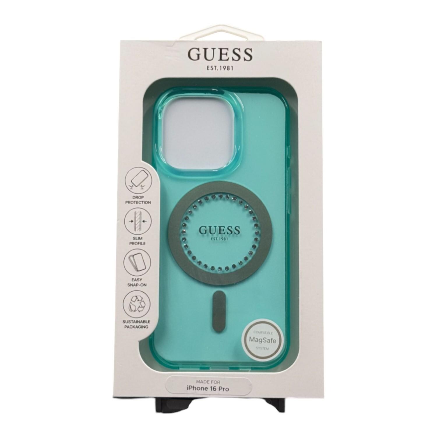 Guess Custodia per telefono IML Glitter Magnolia and Triangle Logo MagSafe iPhone 16 Pro Nero| Techinn