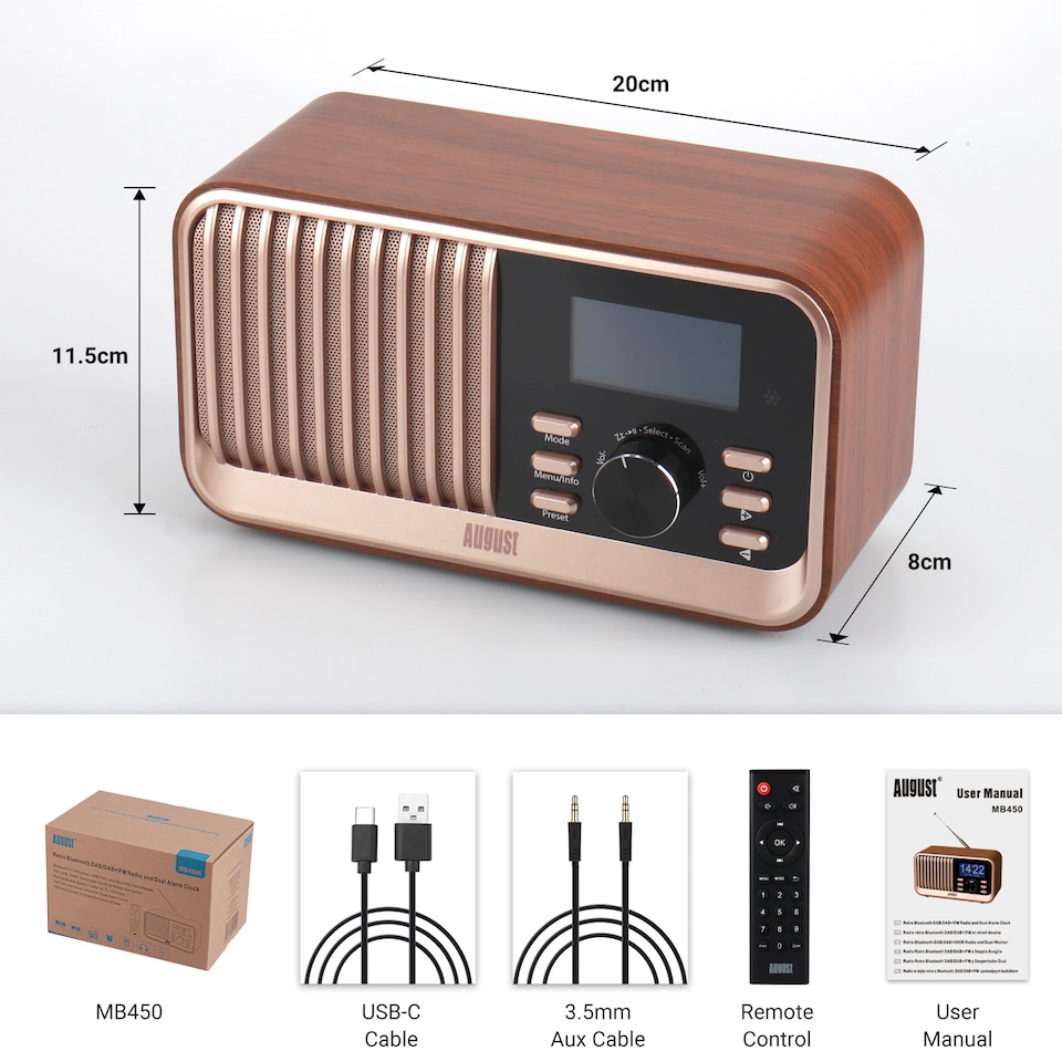 image 1 of Retro Bluetooth Speaker Rechargeable DAB/DAB+/FM Radio, Dual Alarm Clock, USB & Micro SD MP3 Playback, Large Remote Contro l – August MB450K