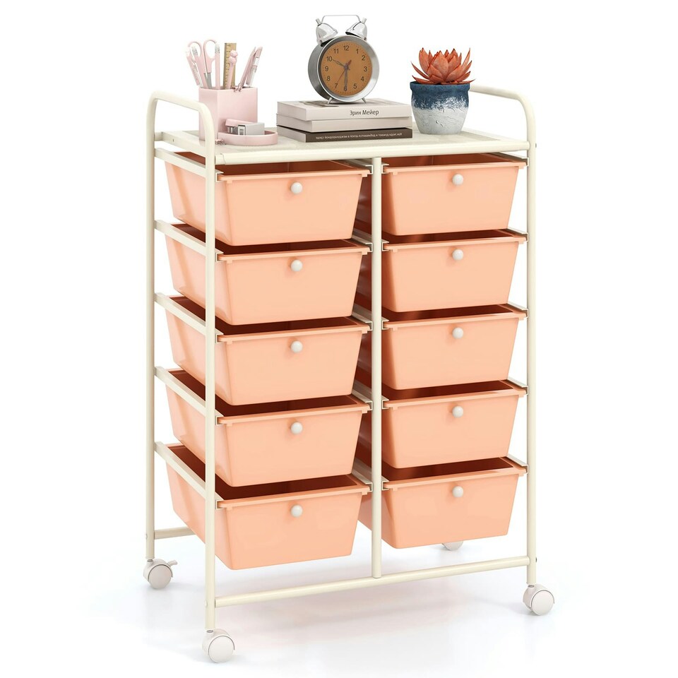 image 1 of COSTWAY 10 Drawers Storage Rolling Cart w/Universal Wheel Peach