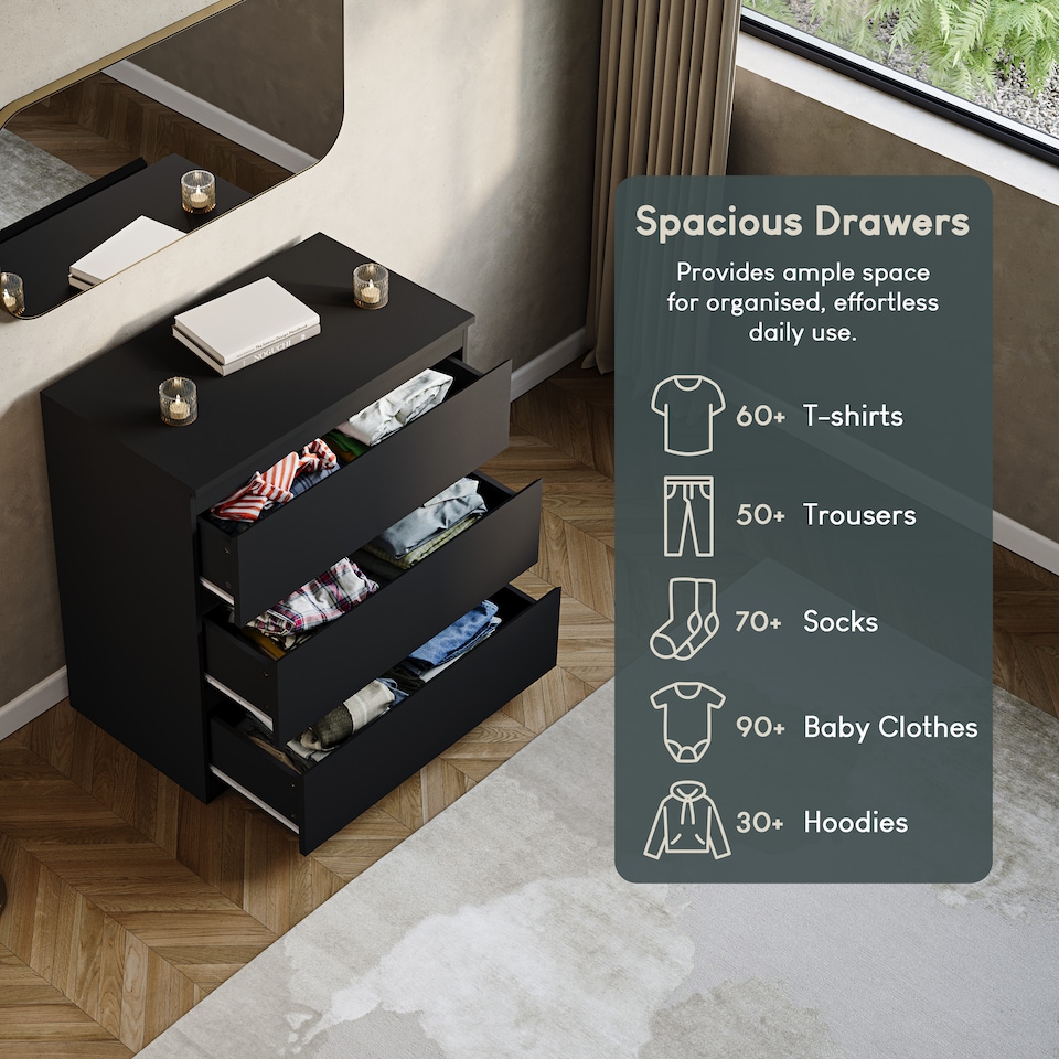 image 1 of Vida Designs Denver 3 Drawer Chest of Drawers Bedroom Storage, Black