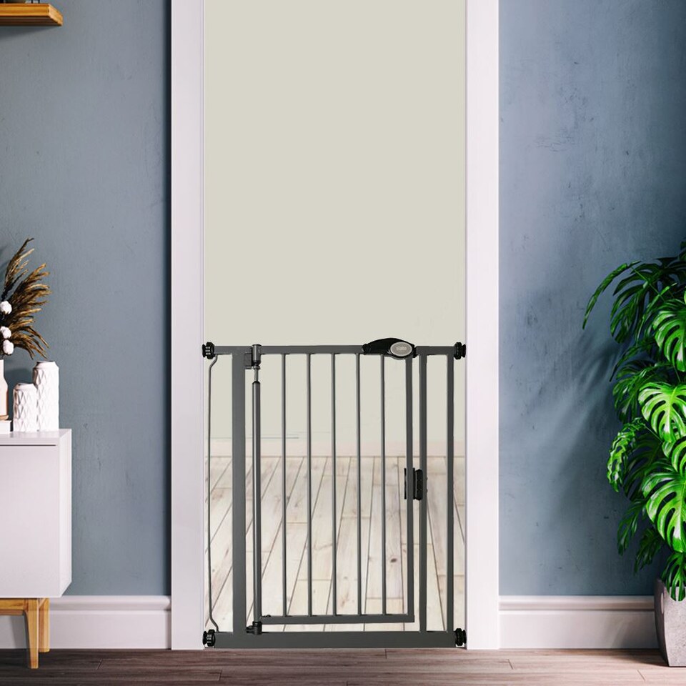 image 1 of Bettacare Auto Close Pet Gate, 68.5cm - 75cm, Slate Grey, Narrow, Narrow Pressure Fit Stair Gate for Dog & Puppy, Safety Barrier for Narrow Doors Hallways and Spaces, Easy Installation