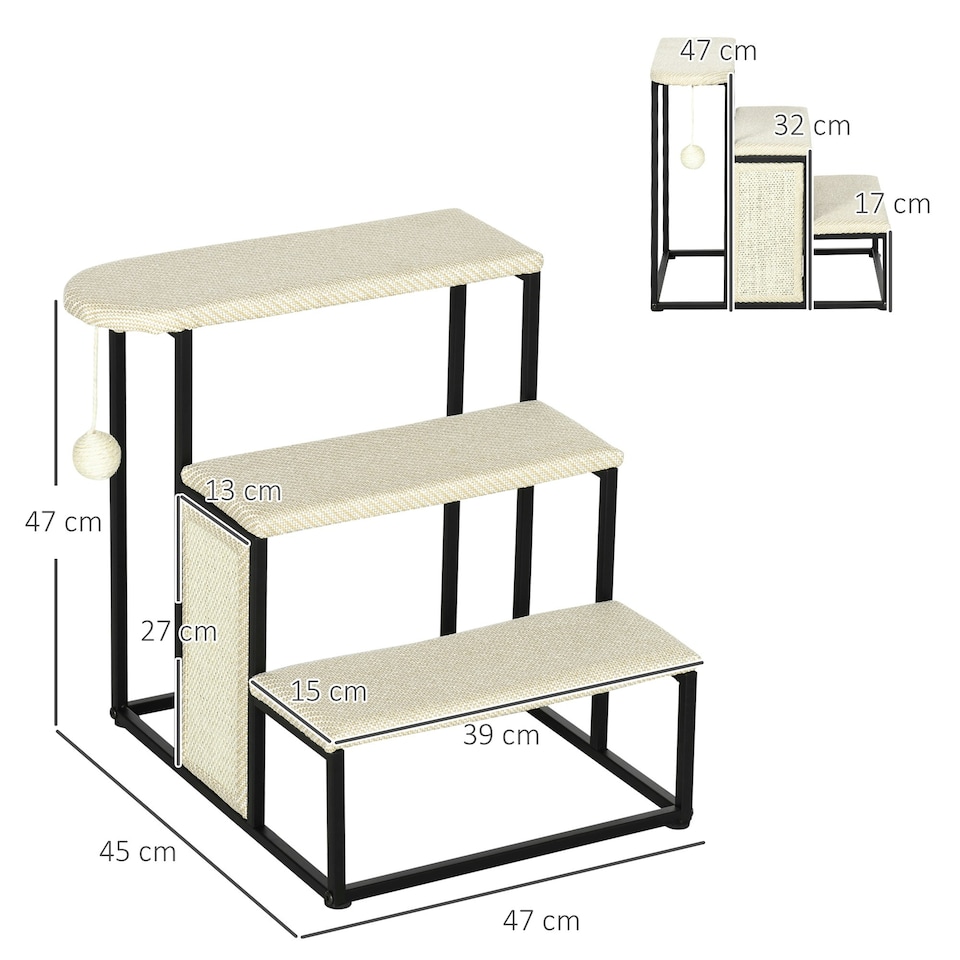 image 1 of PawHut Cat Stairs w/ Sisal Scratching Board, Hanging Ball, Steel Frame - Cream