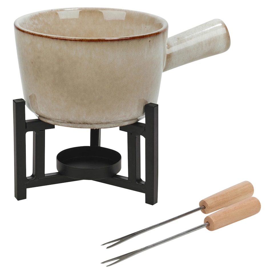 image 1 of Ceramic Chocolate Cheese Fondue Set Melting Pot with 2 Fruit Forks in Gift Box