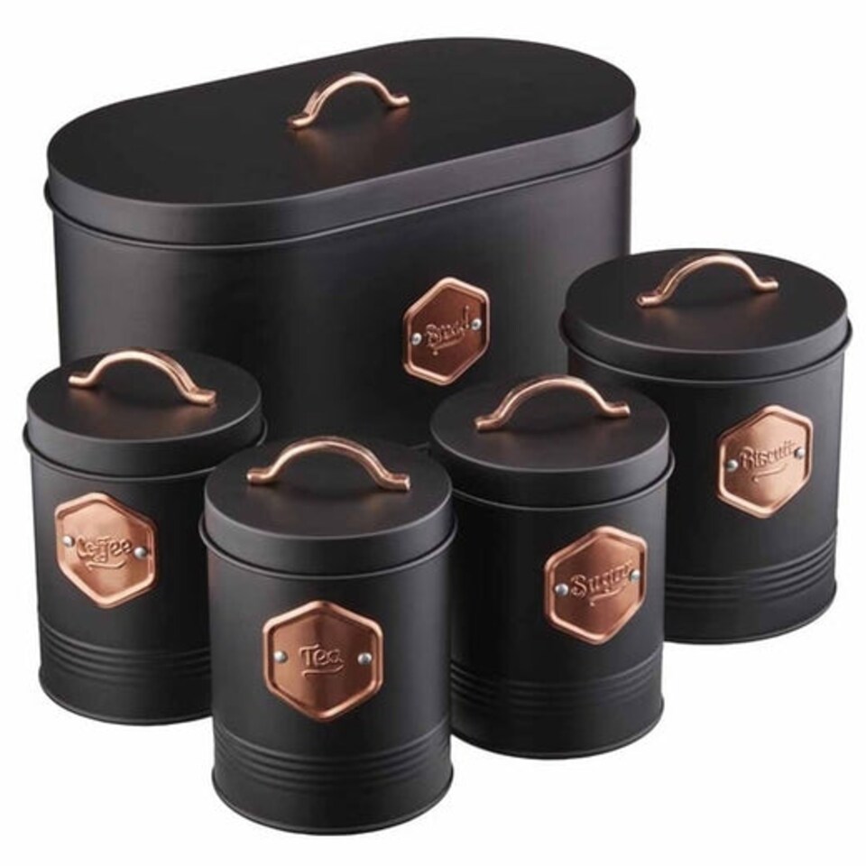 image 1 of Cooks Professional 5 Piece Kitchen Storage Set - Tea, Coffee, Sugar, Bread & Biscuit Tins | Black | Black & Copper | 5