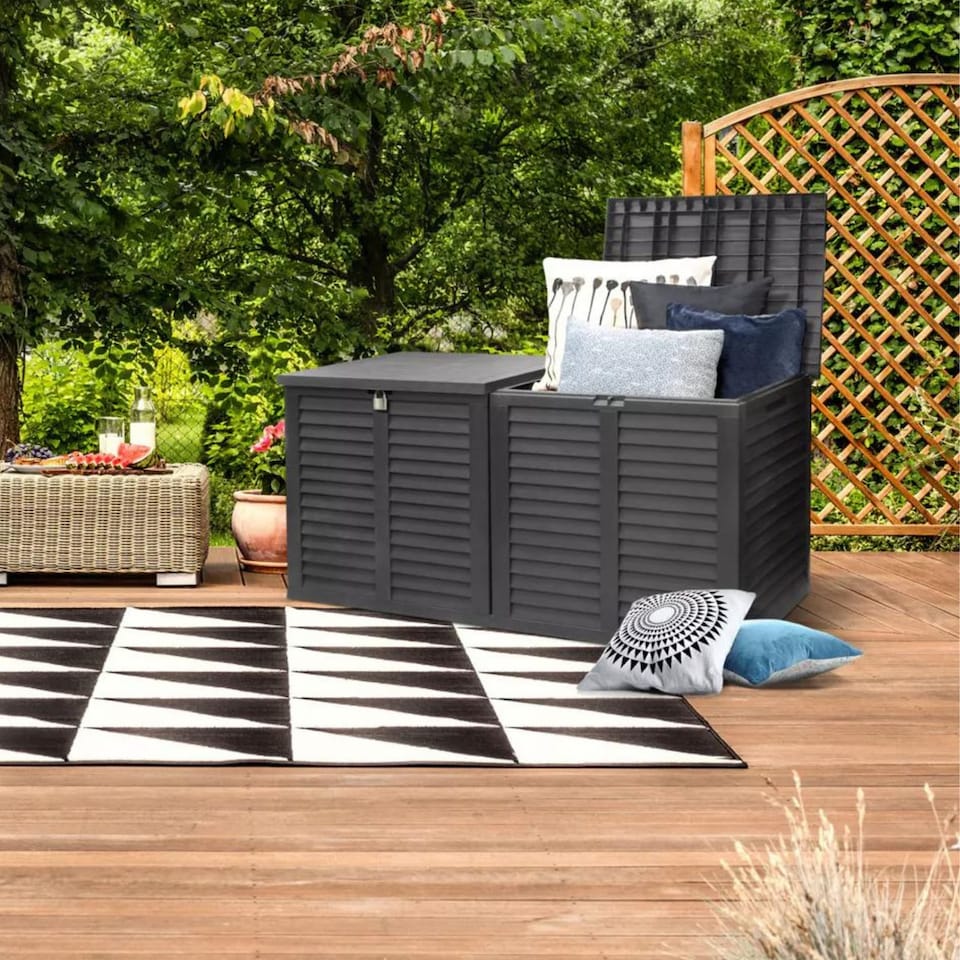 image 1 of XXL 750L Garden Storage Box, Black - 155x66x80 cm, Double Lid, Weatherproof