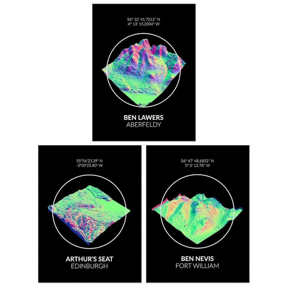 image 1 of Set of 3 Neon Scotland Mountain Topography Maps Ben Lawers Aberfeldy Wall Art Print A4