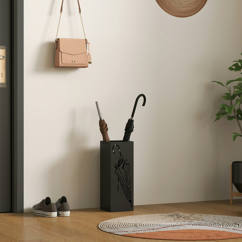 image 1 of HOMCOM Square Umbrella Holder with Hooks and Water Tray for Entryway Black Black