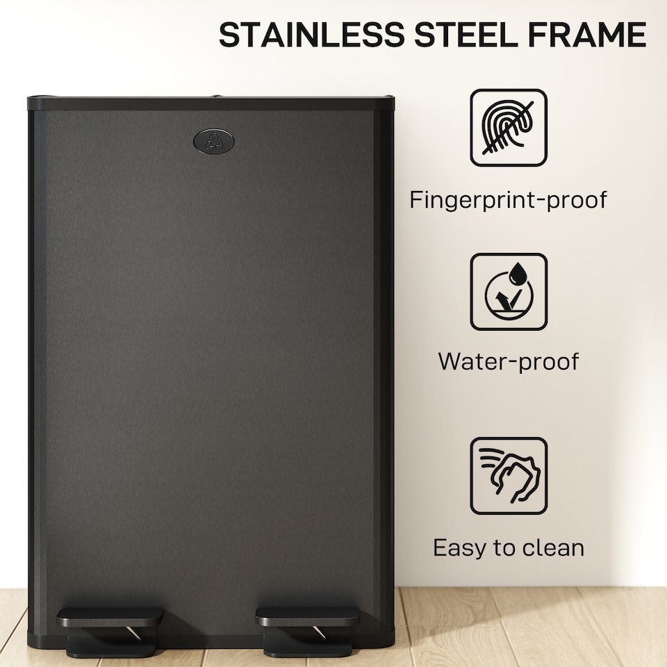image 1 of HOMCOM Dual Kitchen Bin, 2 x 28L Stainless Steel Double Rubbish Bin with Soft Close Lid, Removable Inner Buckets, Fingerprint-Proof for Recycling and Waste, Black | Black | Black