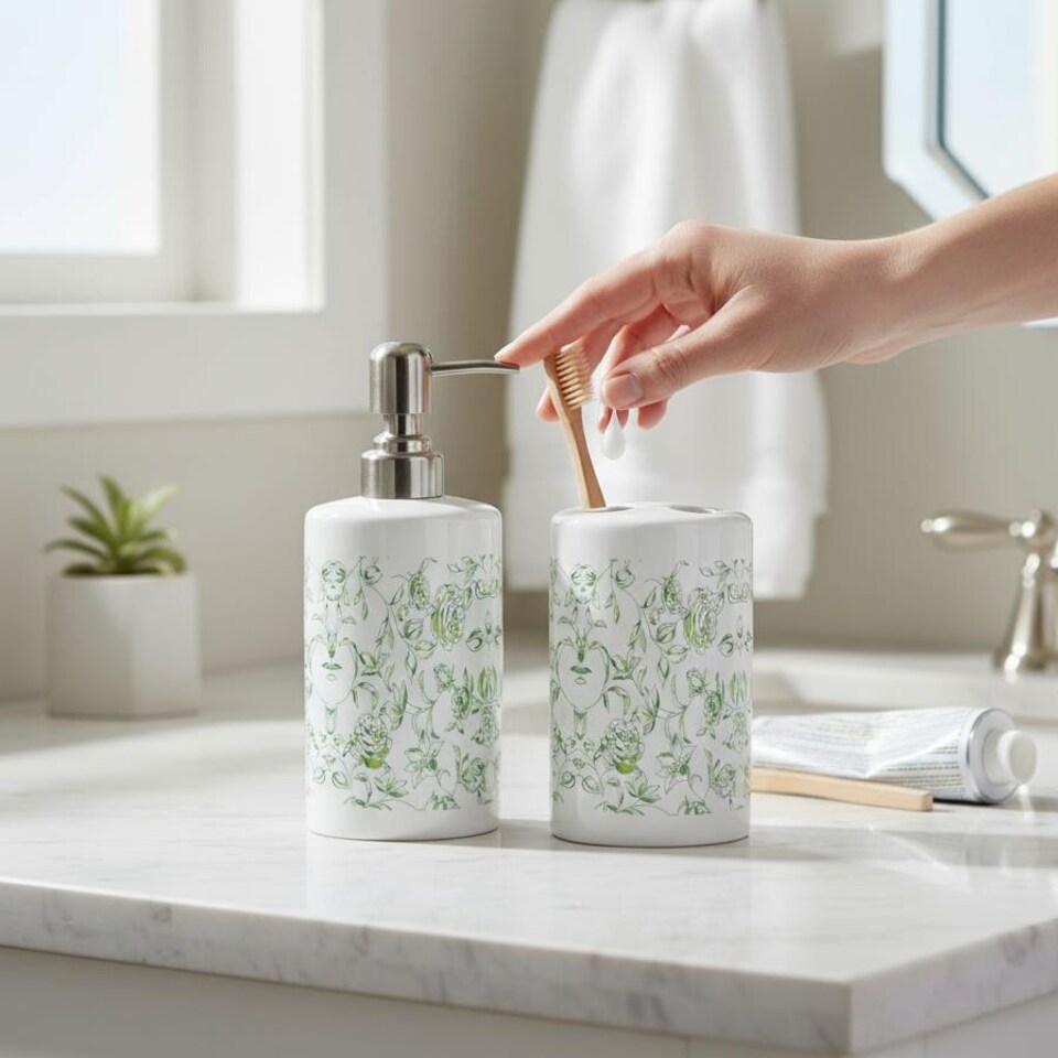 image 1 of Green Roses Bathroom Set - Refillable Ceramic Soap Dispenser & Toothbrush Holder