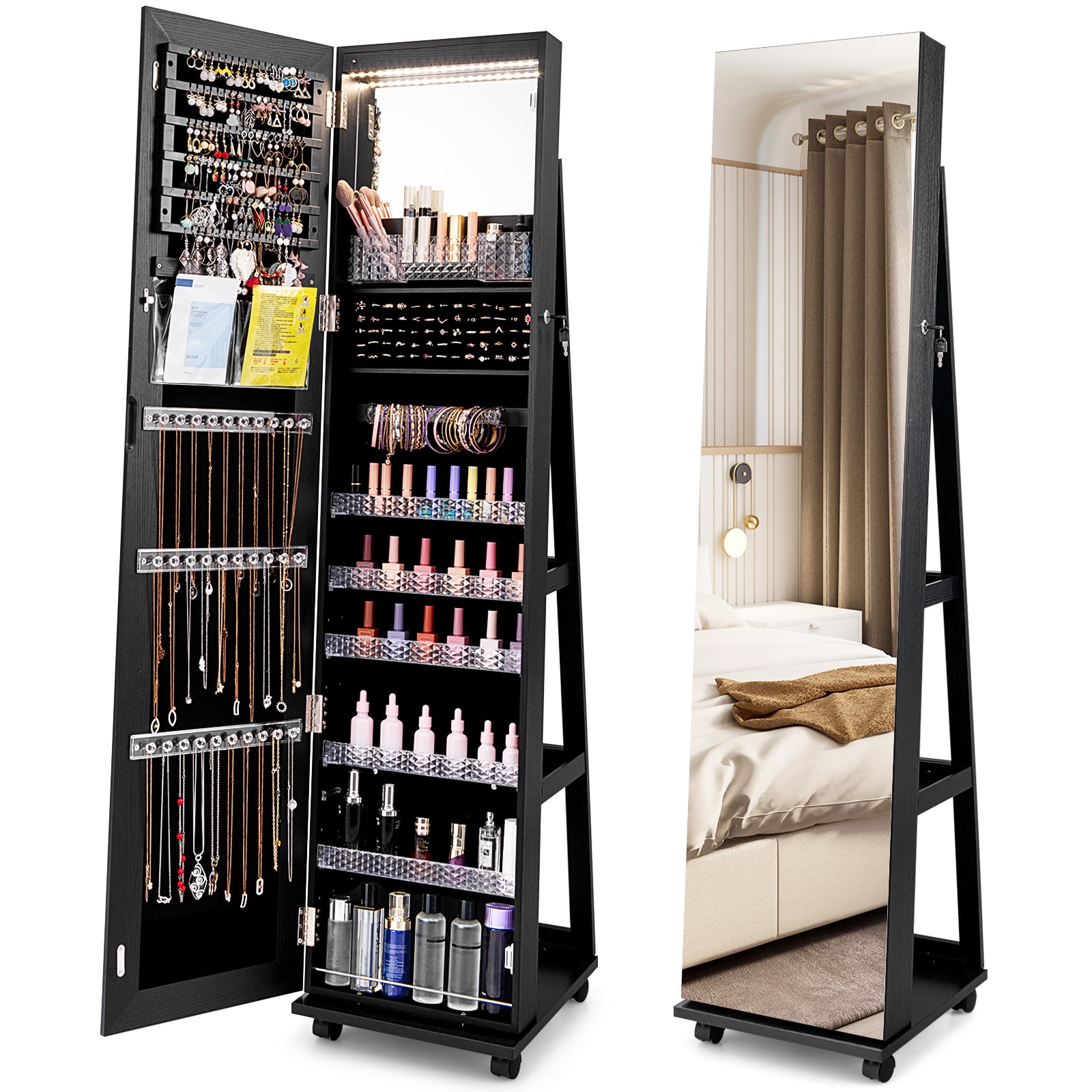 COSTWAY 3-in-1 Jewelry Cabinet 360° Swivel Mirror Jewelry Armoire-Black
