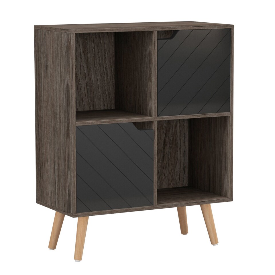 image 1 of Anthracite Oak 4-Cube Storage Unit with 2 Line Doors and Legs | Black | Black & Beech | 1
