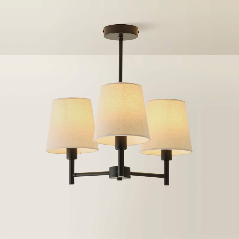 image 1 of ValueLights Kincaid 3 Arm Black Chandelier Ceiling Light Taper Shades and Bulbs