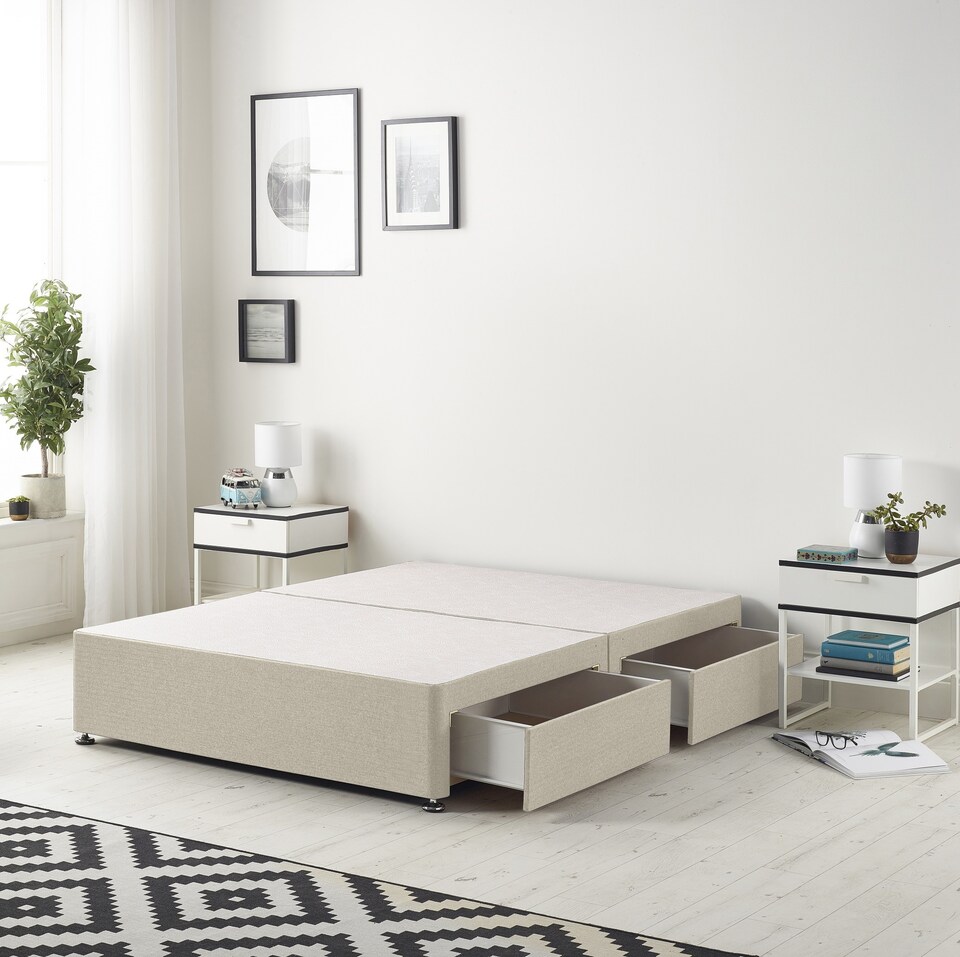image 1 of Astoria Divan Bed Base with 2 Drawers & 30 Inch Diamante Headboard in Tweed Fabric | Brown | Natural | King