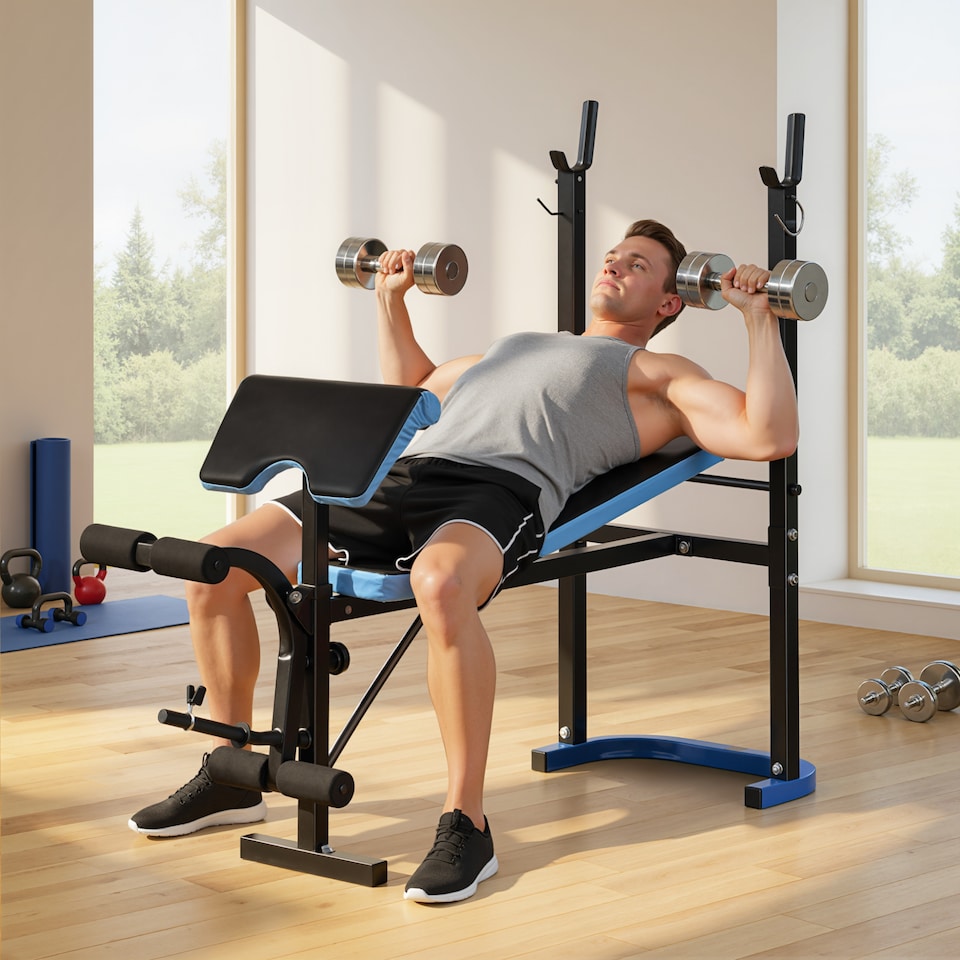 image 1 of HOMCOM Adjustable Weight Bench with Leg Developer Barbell Rack for Home Gym