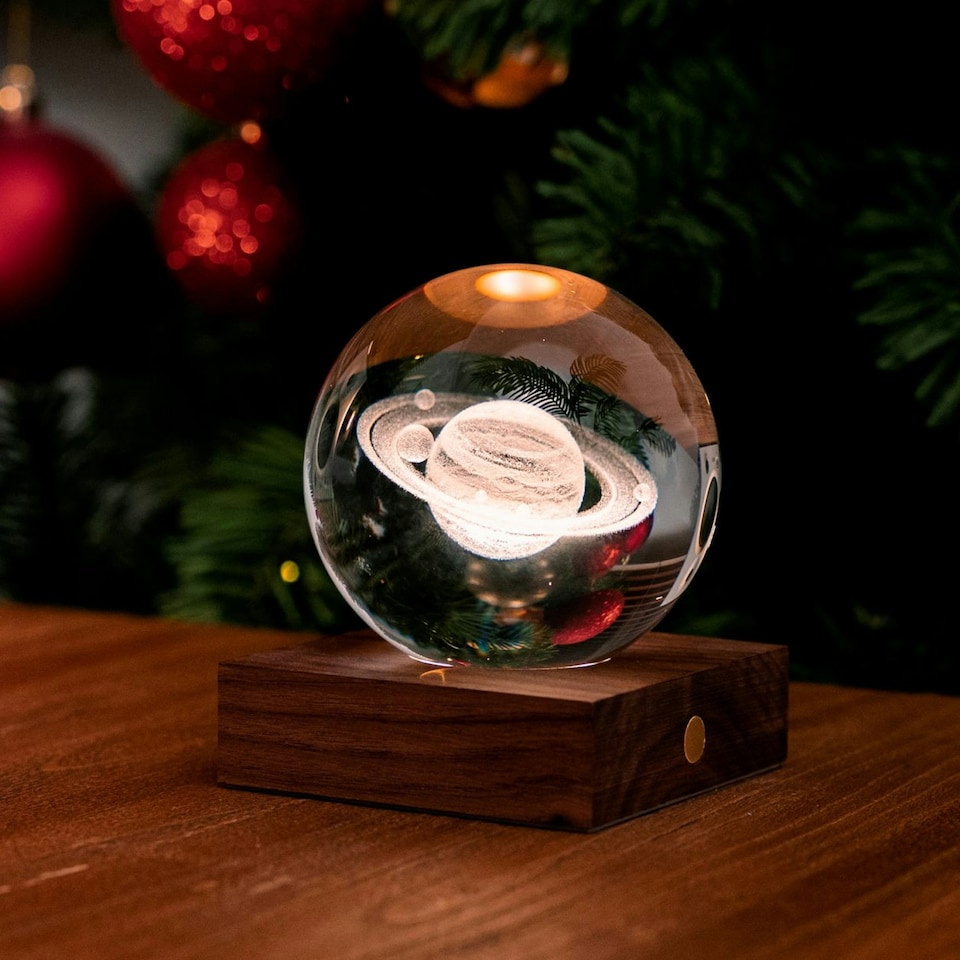 image 1 of Gingko Design Amber Crystal Light 3D Saturn with Wooden Walnut Base - Large | Multi