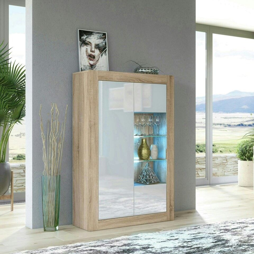 image 1 of Display Cabinet 93cm White Gloss Doors Oak Matt Body Free LED Multi | Oak & White