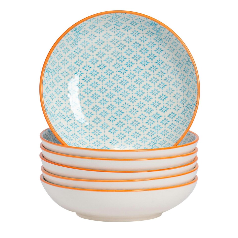 image 1 of Nicola Spring Hand-Printed Pasta Bowls - 22cm - Blue - Pack of 6 Blue