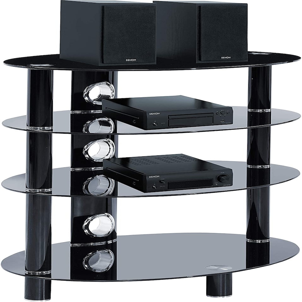image 1 of Centurion Supports HALIGON 4-Shelf Oval Premium Gloss Black Glass with Black Legs AV Rack Black