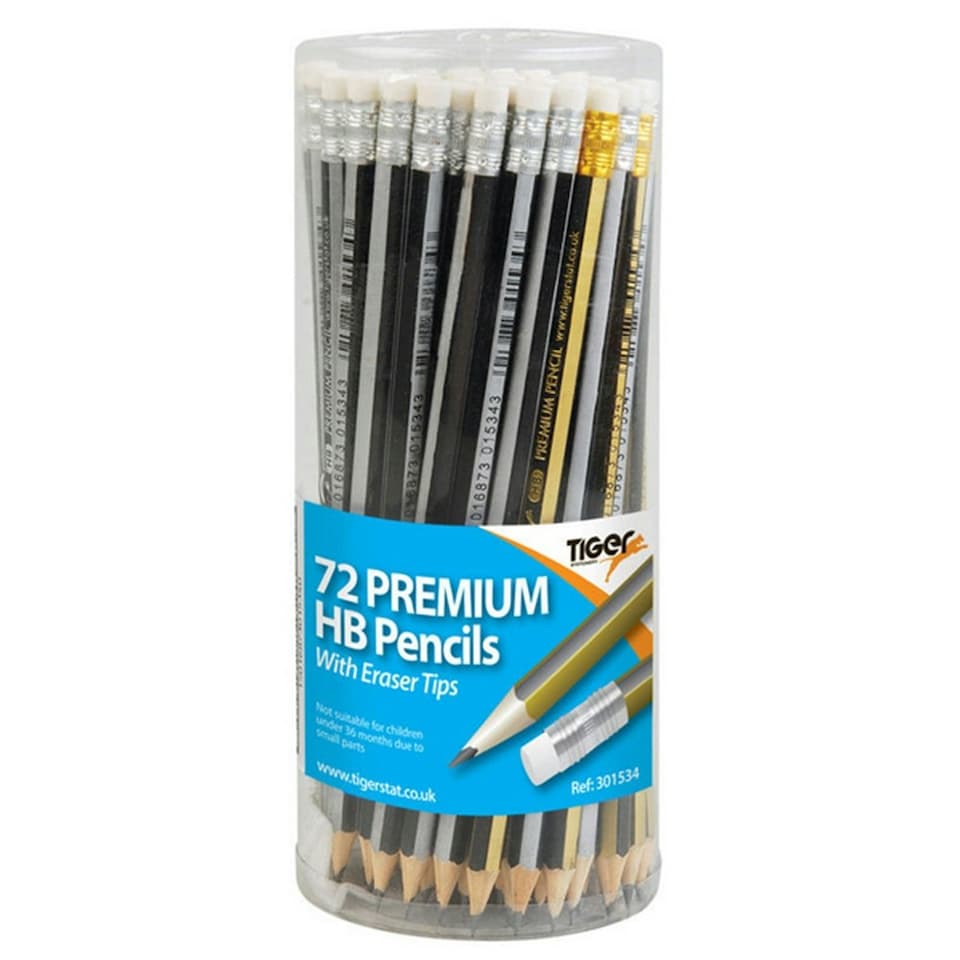 image 1 of Tiger Stationery Premium Eraser Tip HB Pencils - Multicoloured - One Tub of 72