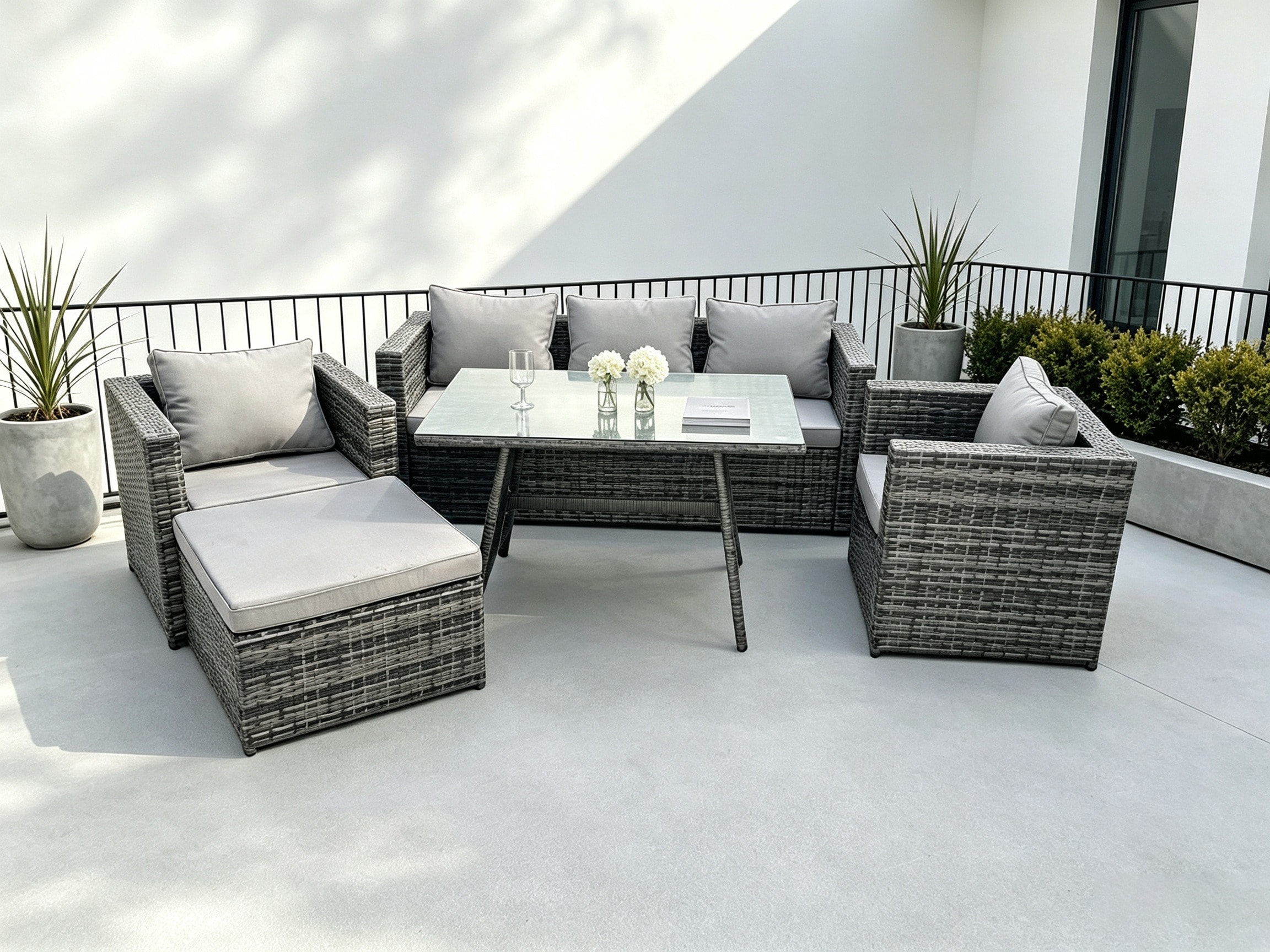 Fimous Grey Lounge Rattan Sofa Dining Table Set Chairs Garden Furniture Outdoor