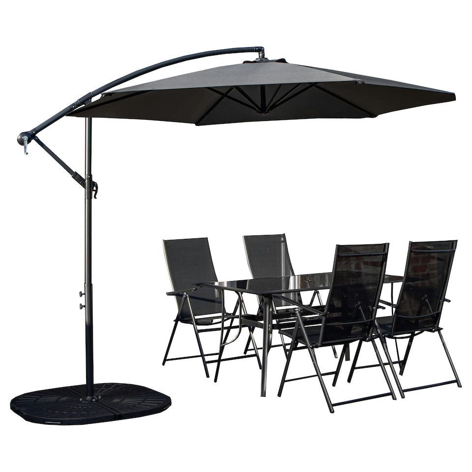image 1 of Outdoor 4 Person Rectangular Glass Top Garden Dining Table Chairs With Grey Banana Parasol and Base