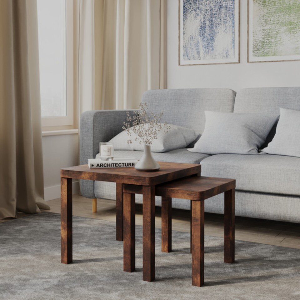image 1 of URBNLIVING Square Wooden Nesting Stacking Tables Set Of 2 | Multi | Rustic Brown | 2