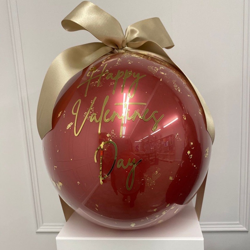 image 1 of Luxury Deep Burgundy Red & Gold Chic Valentine's Day Balloon Display with White Magnetic Gift Box - Inflated Balloon In A Box