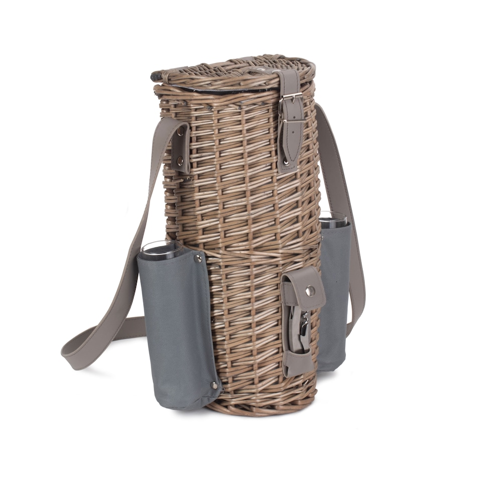 image 1 of Wicker Single Bottle and 2 Champagne Glass Carrier With Shoulder Strap