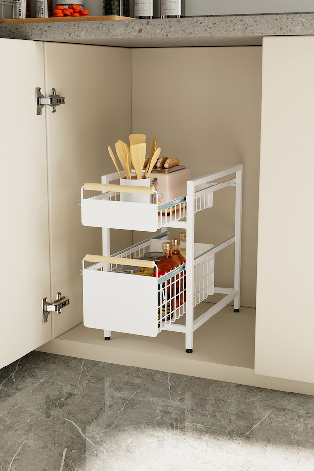 image 1 of Living and Homr Kitchen Pull-Out Storage Organiser for Cabinet, White, Double Layer-M | White