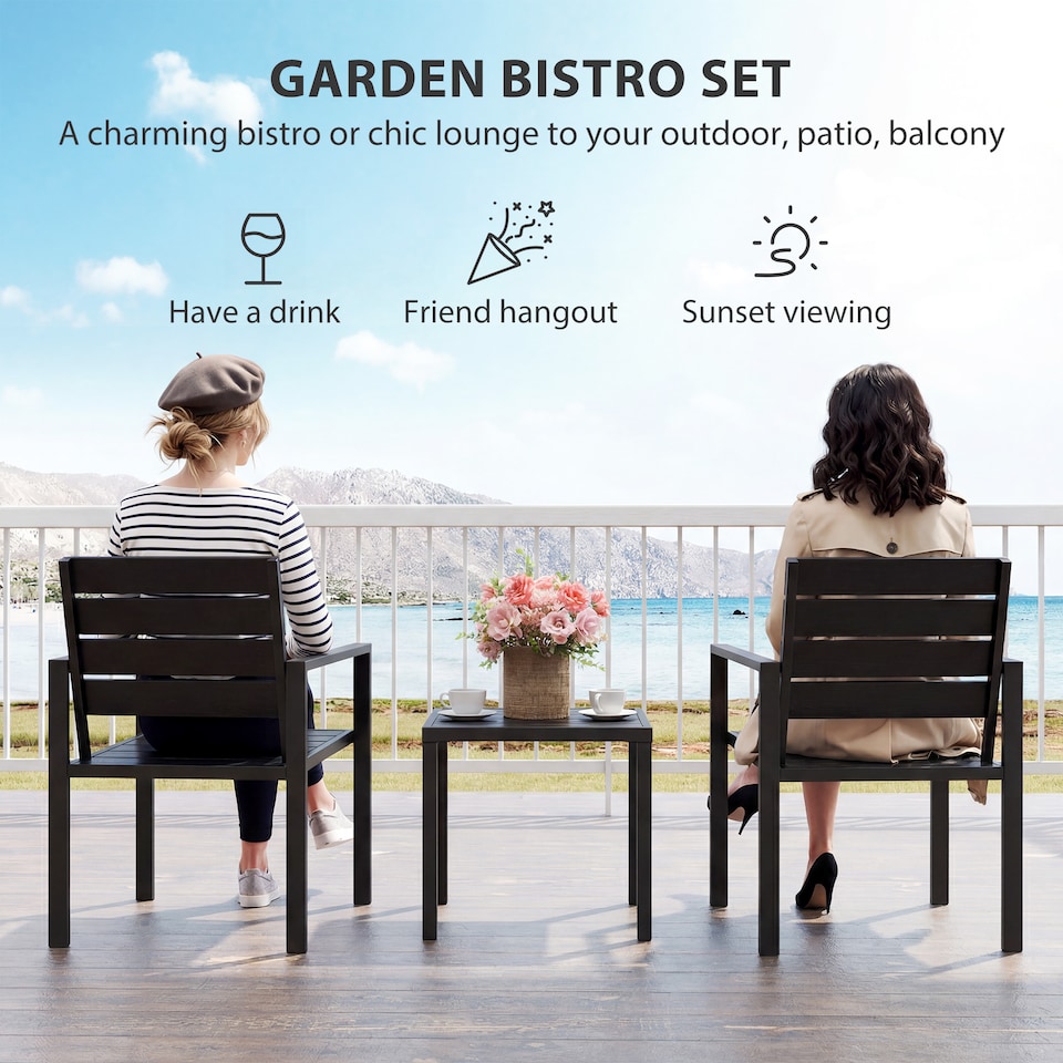 image 1 of Outsunny 3 Pieces Garden Bistro Set for 2, Outdoor Bistro Table and Chairs | Black | Black | Chair: 55.5W x 71D x 76.5H cm; Table: 50.5L x 48.3W x 42H cm
