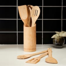 Interiors by Premier Bamboo Kitchen  Set with Utensil Holder, 6 Pc Cooking Utensils Kit For Daily Use, Minimalist Cooking Tools