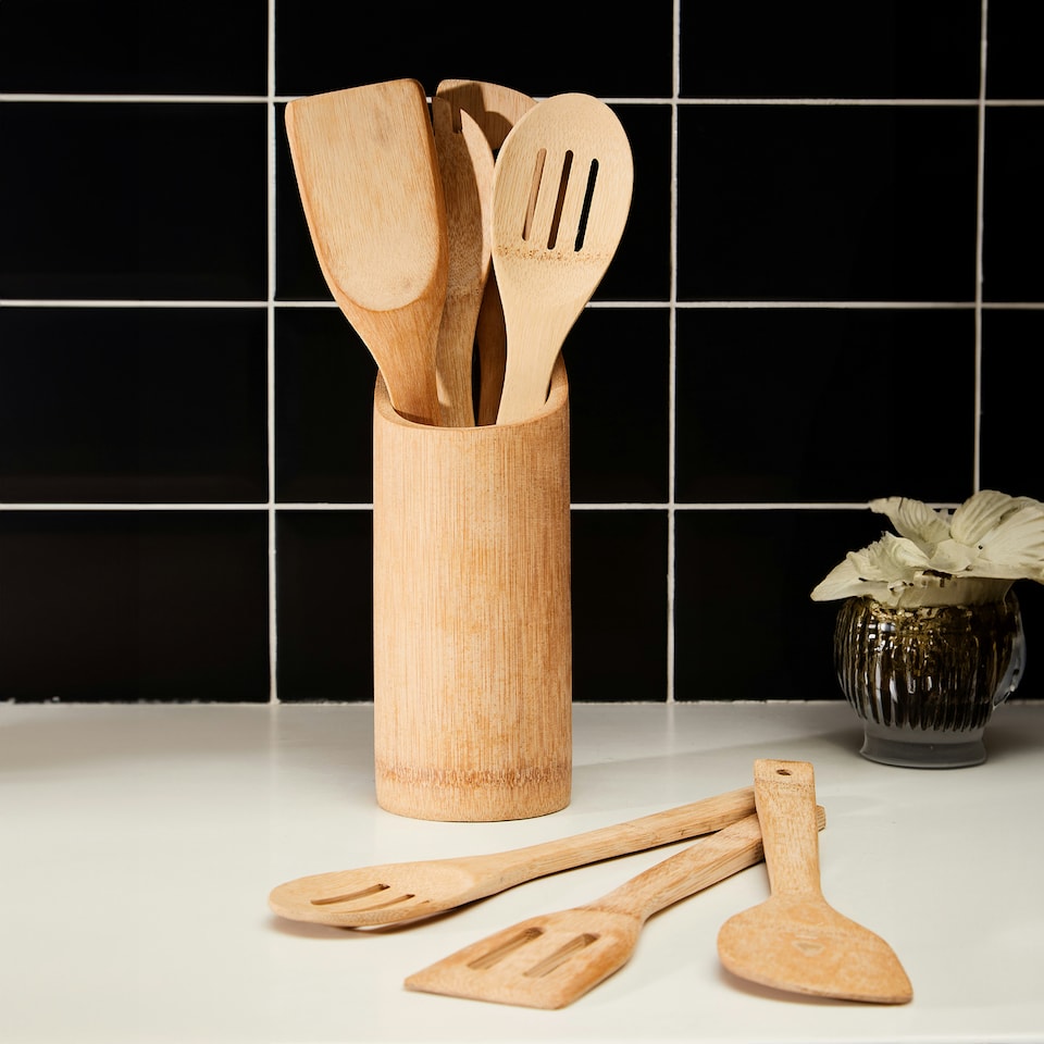 image 1 of Interiors by Premier Bamboo Kitchen  Set with Utensil Holder, 6 Pc Cooking Utensils Kit For Daily Use, Minimalist Cooking Tools
