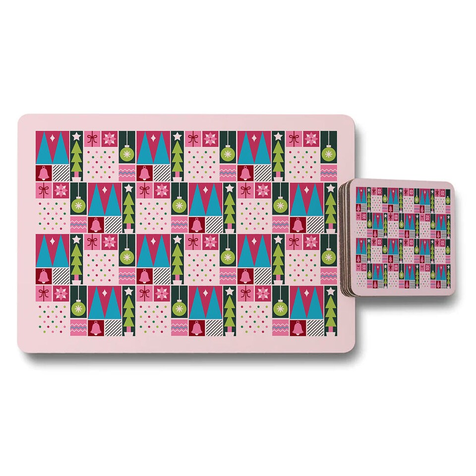 image 1 of Pink Christmas Placemat Coaster Set With Festive Geometric Pattern