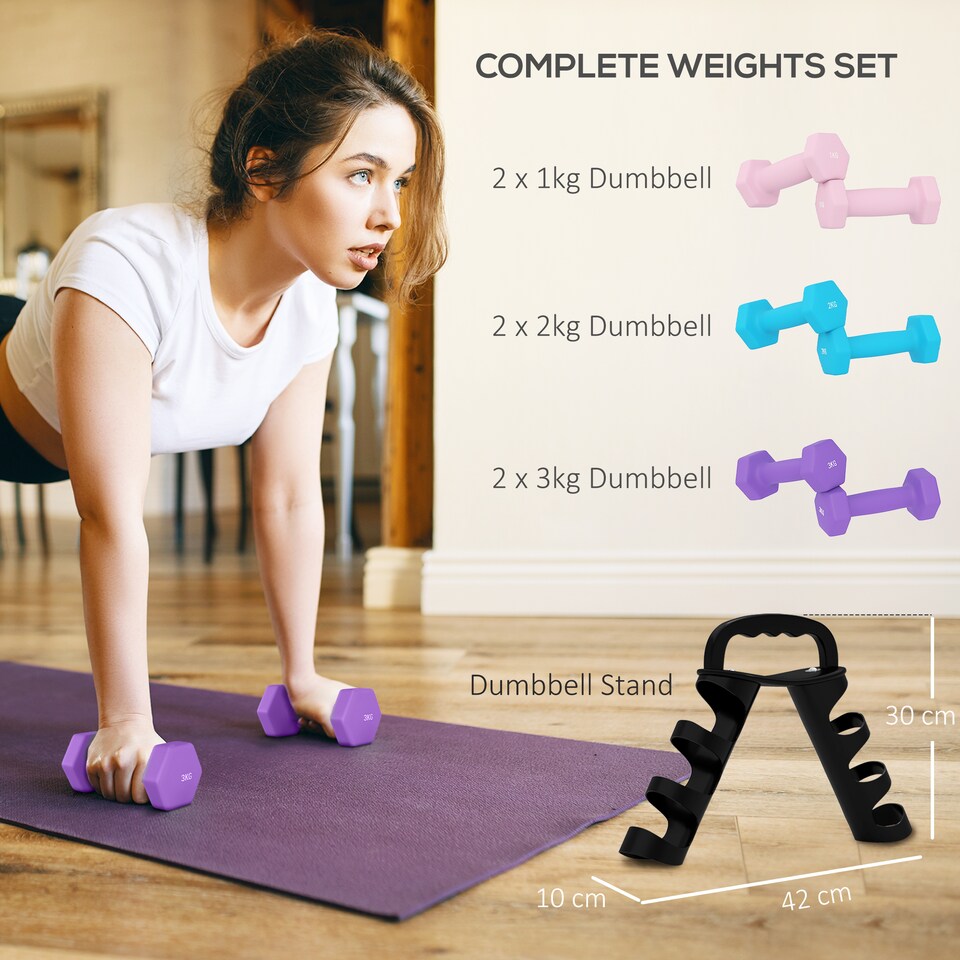 image 1 of SPORTNOW Dumbbells Set with Storage Rack, 2 x 1kg, 2 x 2kg, 2 x 3kg, Pink