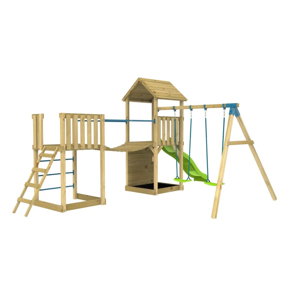 image 1 of TP Skywood Wooden Tower Climbing Frame with Ripple Slide, Sky Bridge, Mini Tower & Double Swing Arm - FSC® certified