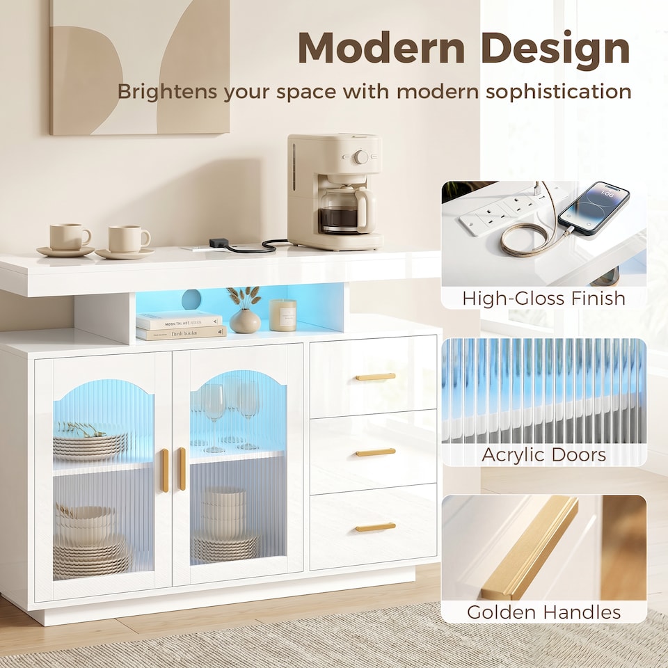 image 1 of HOMCOM High Gloss Sideboard with LED Lights, Power Outlets, Drawers