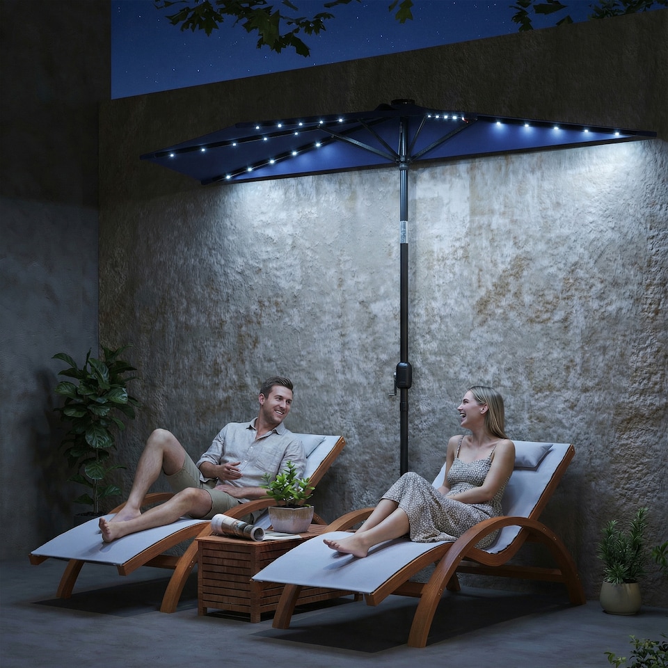 image 1 of Outsunny 2.6 m Half Parasol with Solar Lights, UPF50+ Semi Round Umbrella | Blue | Dark Grey | 265 x 135 x 239 cm